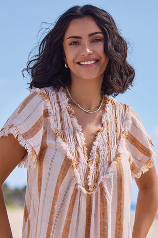 Textured Linen Smocked V-Neck Short-Sleeve Blouse-Saharabeige