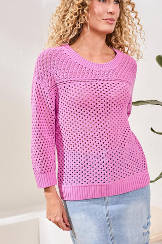 Crew Neck Open-Stitch 3/4 Sleeve Sweater-Wisteria