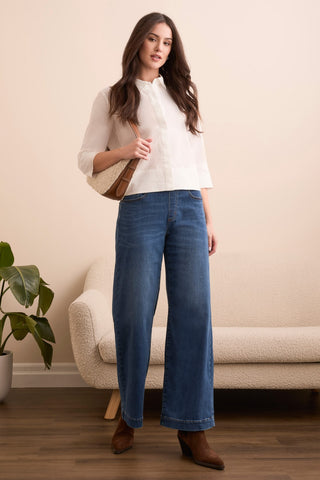 Audrey Boundless Stretch Denim Pull-On Wide Jeans-Fadedblue