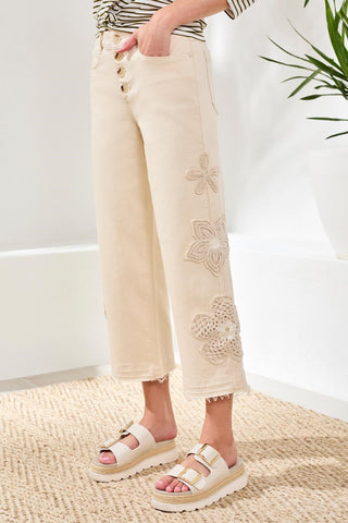 Audrey Button-Fly Wide Crop Jeans With Floral Detail-Ecru