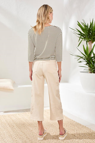 Audrey Button-Fly Wide Crop Jeans With Floral Detail-Ecru