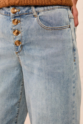Jean Audrey Coupe Courte À Taille Haute Jambe Large avec Boutons-Lucarne