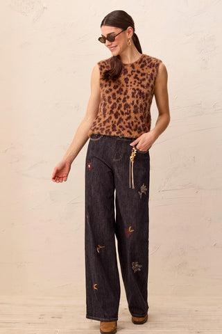 Denim Audrey Jambe Large Mi-Haute Brodé Avec Breloque-Rinçage