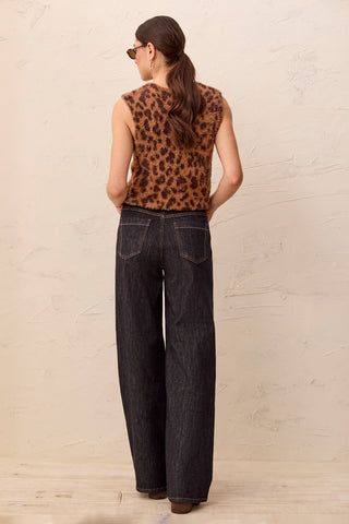Denim Audrey Jambe Large Mi-Haute Brodé Avec Breloque-Rinçage