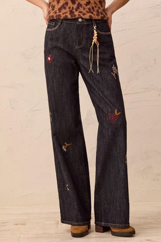 Denim Audrey Jambe Large Mi-Haute Brodé Avec Breloque-Rinçage