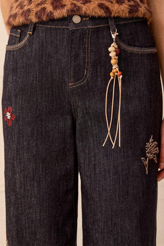 Denim Audrey Jambe Large Mi-Haute Brodé Avec Breloque-Rinçage