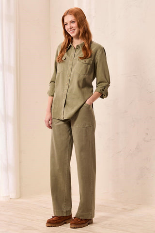 Audrey Flowy Wide Leg Pull-On Pants With Drawstring-Olivestone