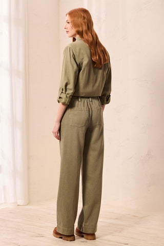 Audrey Flowy Wide Leg Pull-On Pants With Drawstring-Olivestone