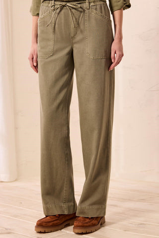Audrey Flowy Wide Leg Pull-On Pants With Drawstring-Olivestone