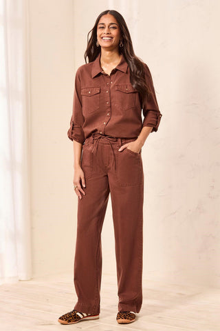 Audrey Flowy Wide Leg Pull-On Pants With Drawstring-Rusticbrown