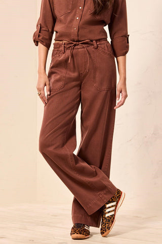 Audrey Flowy Wide Leg Pull-On Pants With Drawstring-Rusticbrown