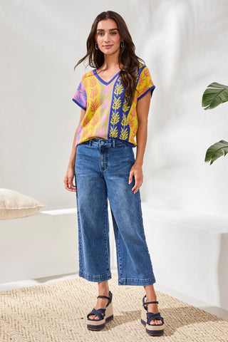 Jean Audrey À Jambe Large Et Broderies-Bleu Marin