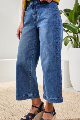 Jean Audrey À Jambe Large Et Broderies-Bleu Marin