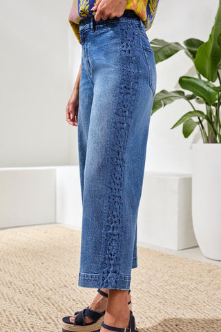 Jean Audrey À Jambe Large Et Broderies-Bleu Marin