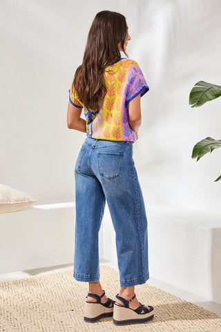 Jean Audrey À Jambe Large Et Broderies-Bleu Marin
