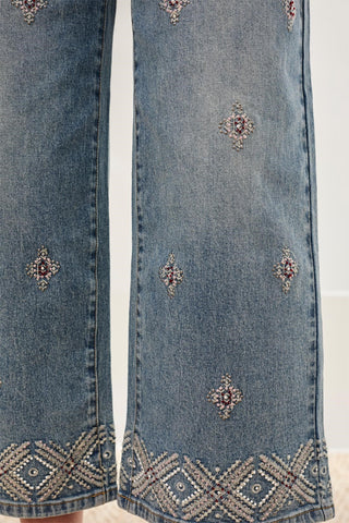 Audrey Hugging Wide Leg Denim With Embroidered Finish-Sweetblue