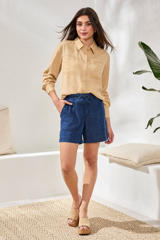 Soft Drape Denim Audrey Flowy Shorts With Elastic Waist-Seahaven