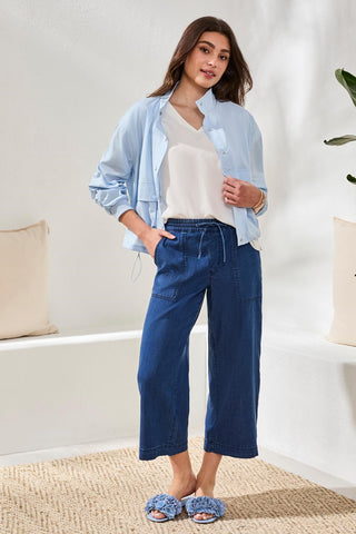 Soft Drape Denim Audrey Wide-Leg Pants Elastic Waist-Seahaven