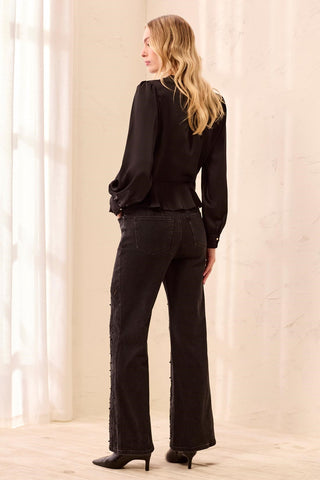 Audrey Lace Embroidered Palazzo Denim Jeans-Black