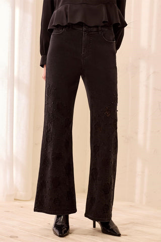 Audrey Lace Embroidered Palazzo Denim Jeans-Black