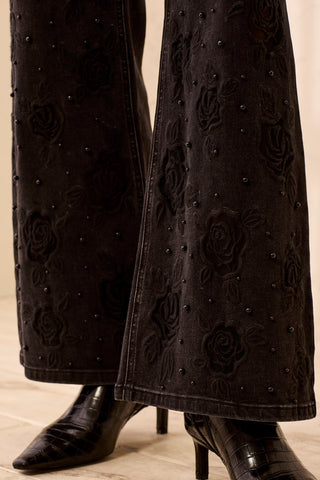 Audrey Lace Embroidered Palazzo Denim Jeans-Black