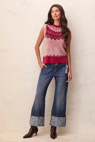 Audrey Palazzo Jeans with Printed Cuffs and Novelty Pearl Belt Charm-Blueiris