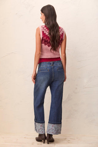 Audrey Palazzo Jeans with Printed Cuffs and Novelty Pearl Belt Charm-Blueiris
