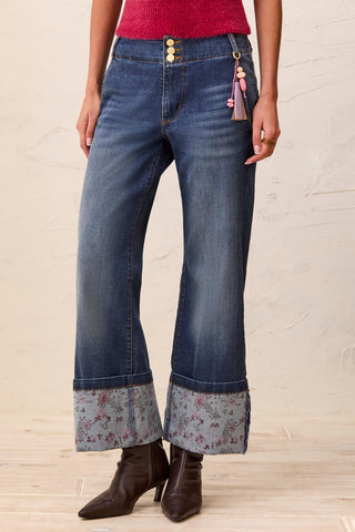 Audrey Palazzo Jeans with Printed Cuffs and Novelty Pearl Belt Charm-Blueiris