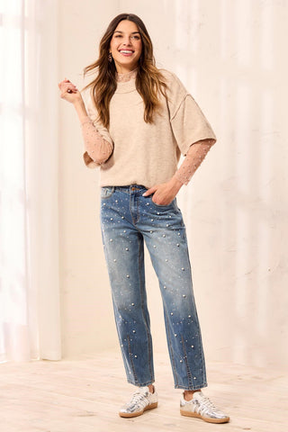 Audrey Pearl Embellished Mid-Rise Barrel Leg Jeans-Stargazer