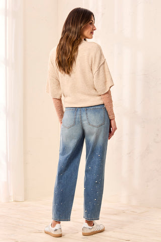 Audrey Pearl Embellished Mid-Rise Barrel Leg Jeans-Stargazer