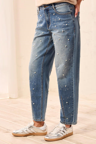 Audrey Pearl Embellished Mid-Rise Barrel Leg Jeans-Stargazer