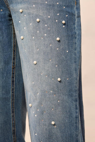 Audrey Pearl Embellished Mid-Rise Barrel Leg Jeans-Stargazer