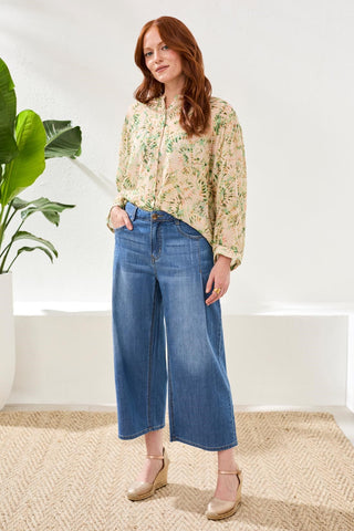 Audrey Pleated Crop Wide Denim Jeans-Fjordblue
