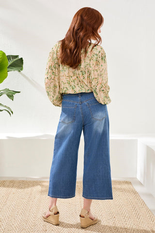 Audrey Pleated Crop Wide Denim Jeans-Fjordblue