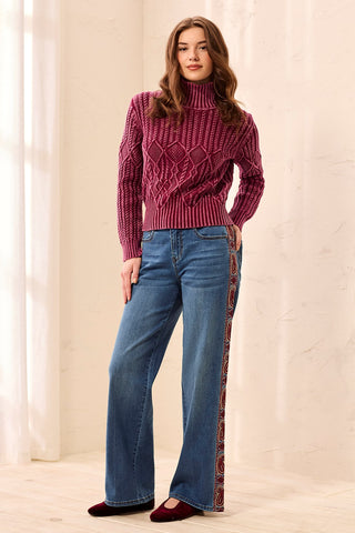 Audrey Wide Leg Jeans with Embroidered Paisley Side Trim-Frenchblue