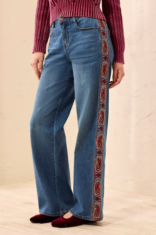 Audrey Wide Leg Jeans with Embroidered Paisley Side Trim-Frenchblue
