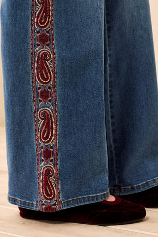Audrey Wide Leg Jeans with Embroidered Paisley Side Trim-Frenchblue