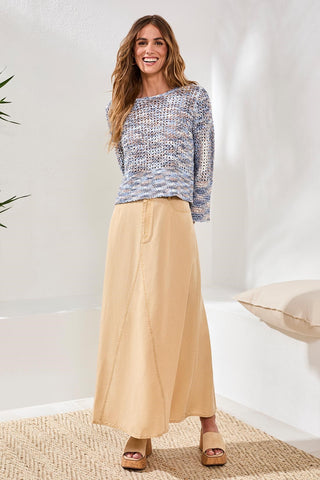 Open-Stitch Crewneck Bell-Sleeve Sweater-Saltwater