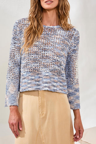 Open-Stitch Crewneck Bell-Sleeve Sweater-Saltwater