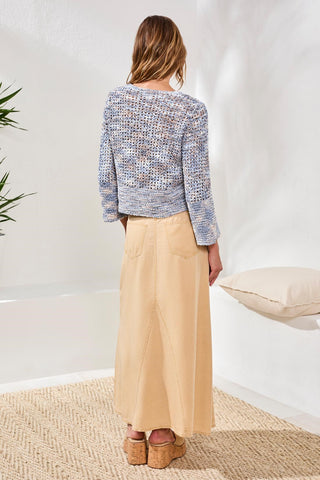 Open-Stitch Crewneck Bell-Sleeve Sweater-Saltwater