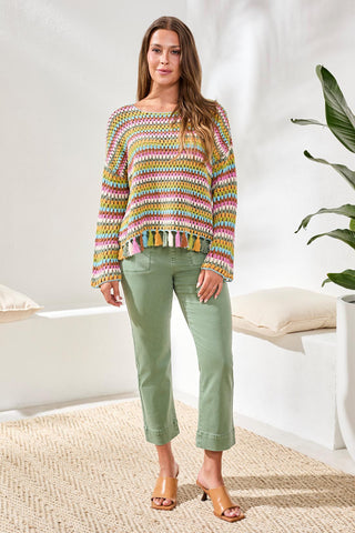Multicolor Crochet Bell Sleeve Sweater With Tassels-Aqua sky