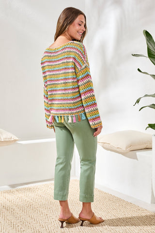 Multicolor Crochet Bell Sleeve Sweater With Tassels-Aqua sky