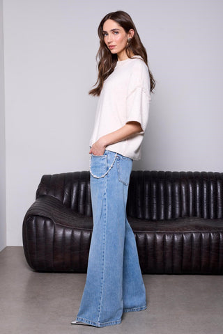 Denim Audrey BLUE THREAD À Jambe Large Avec Bijou Amovible-Bleu Oxford