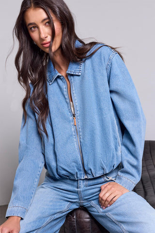 BLUE THREAD Bubble Hem Zip-Front Denim Jacket-Oxfordblue