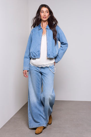 BLUE THREAD Bubble Hem Zip-Front Denim Jacket-Oxfordblue