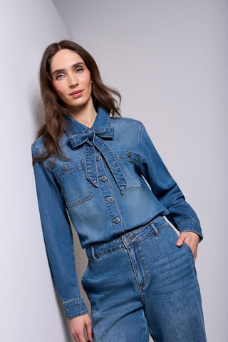 BLUE THREAD Self-Tie Bow Button Front Denim Blouse-Authenticblue