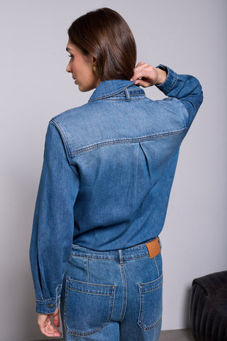 BLUE THREAD Self-Tie Bow Button Front Denim Blouse-Authenticblue