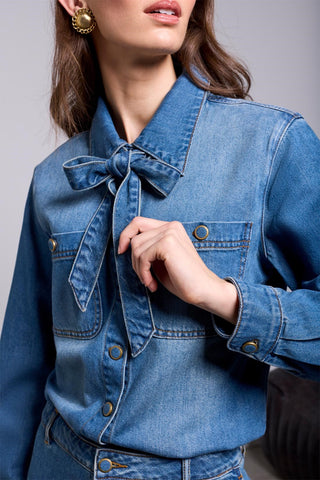 BLUE THREAD Self-Tie Bow Button Front Denim Blouse-Authenticblue