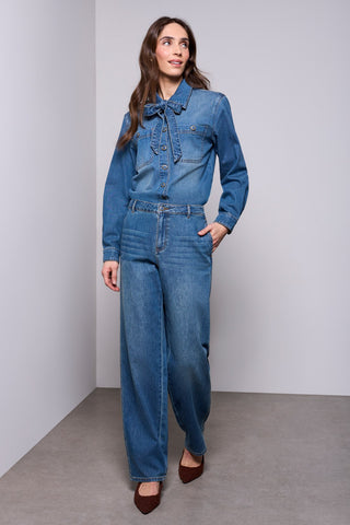 BLUE THREAD Self-Tie Bow Button Front Denim Blouse-Authenticblue
