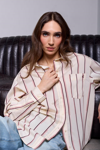 BLUE THREAD Lightweight Oversized Striped Drop Shoulder Collared Blouse-Antiquewhite